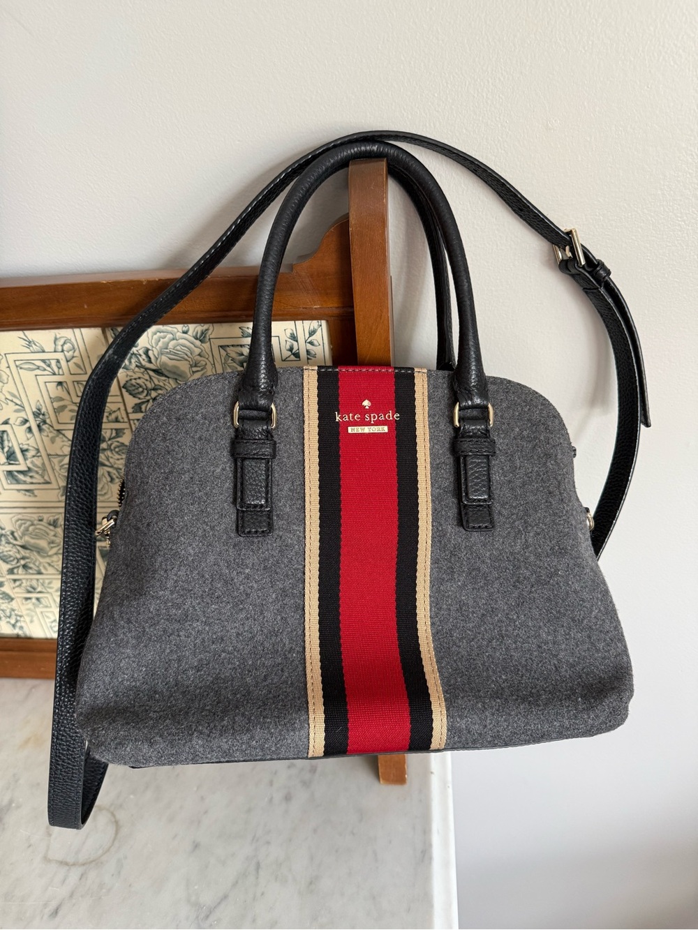 kate spade Gray Wool Satchel with Red and Black Stripe